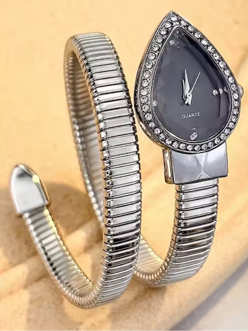 Kohl's Silver Coil Wrap Watch with Black Teardrop Dial